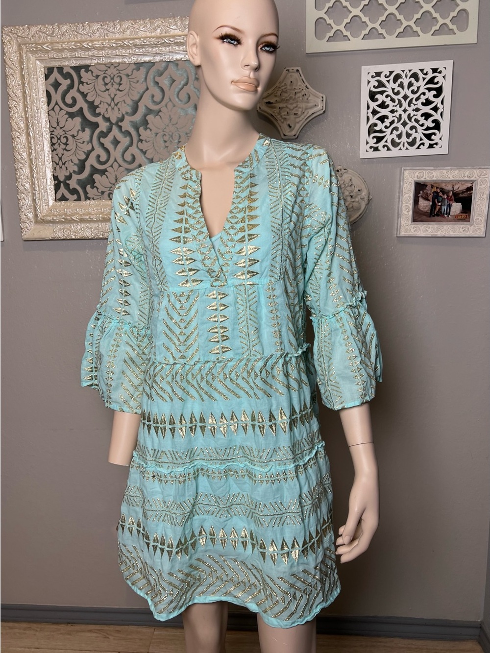 Boston Proper Light Aqua dress with Gold Metallic Embellishment - Picture 5 of 14